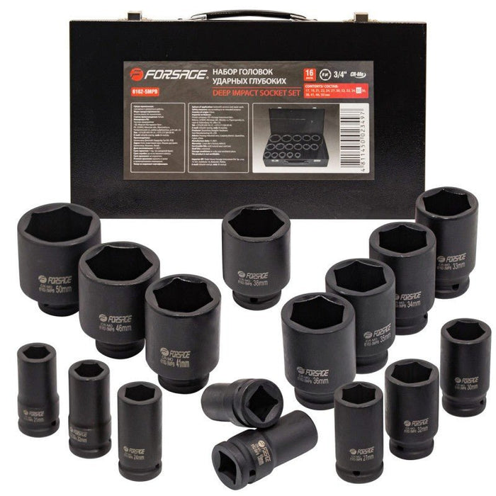 Krafthylssats djupa 3/4", 16 delar (17-50mm) - Forsage Sweden