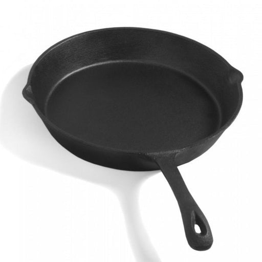 Närbild av 30 cm gjutjärnspanna med handtag – klassisk stekpanna för utekök