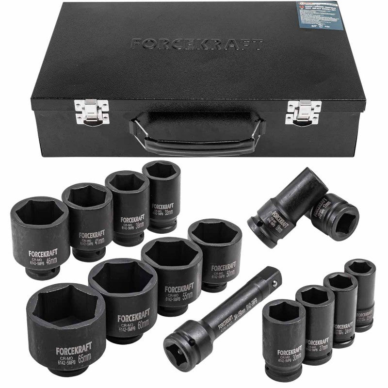 Krafthylsor 3/4", sexkanta. djupa Innehåller: krafthylsor 3/4" 14 st.: 17,19,22,24,27,30,32,36,41,46,50,55,60,65 mm. förlängare 3/4" 150 mm. Krafthylsor är konstruerade för att motstå kortsiktiga anslag genom att förhindra hylsor från att spricka eller bryta