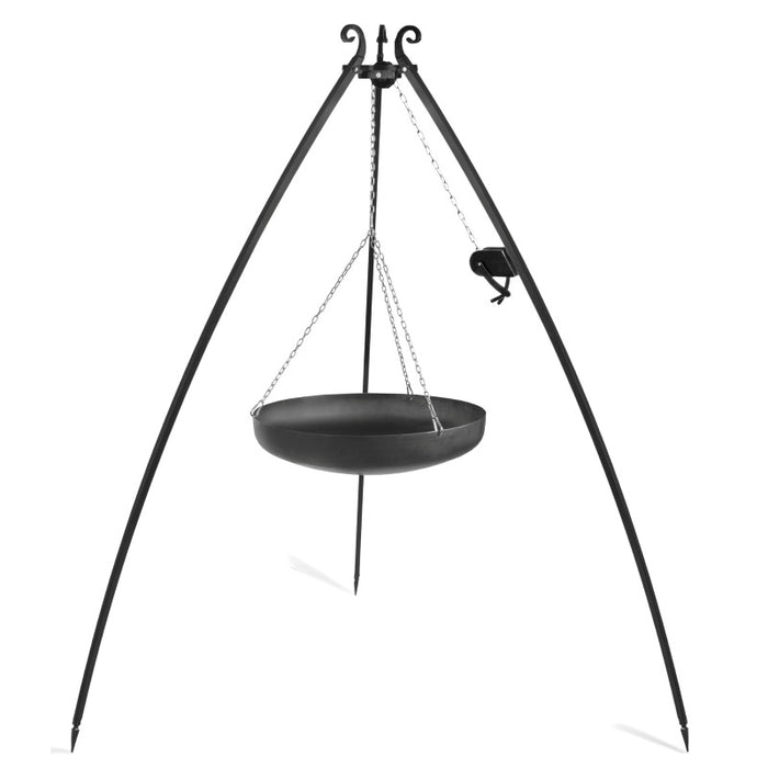 Cook King tripod 200 cm med wok och vinsch i svart stål för justerbar höjd vid utomhusgrillning